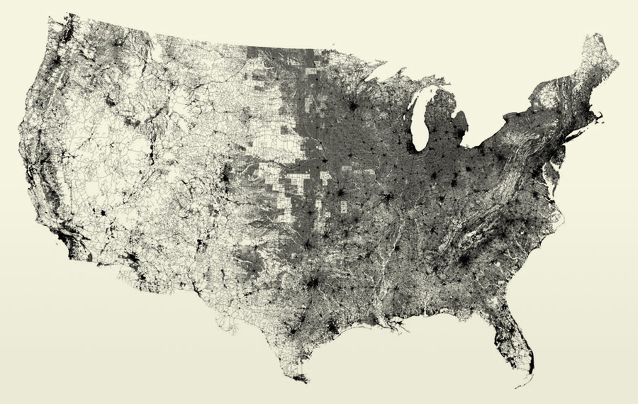 U.S. map showing only roads (used with permission of Ben Fry)