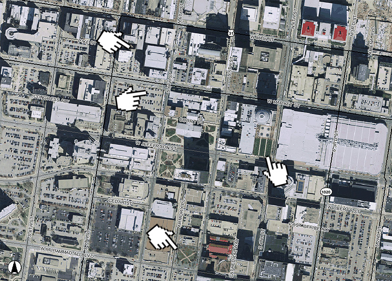 Potential sites for the Downtown Transit Center (Map via Lojic)