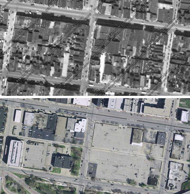 The Nucleus "Haymarket" site in 1949 and today (Historic Arterials & Lojic)