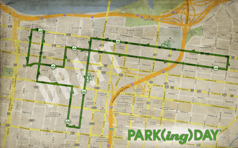 Draft of proposed Park(ing) Day spaces and bike loop. (Broken Sidewalk, Google)