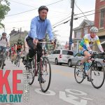 Mayor Fischer rides his bike to work in May. (Courtesy Metro Louisville)