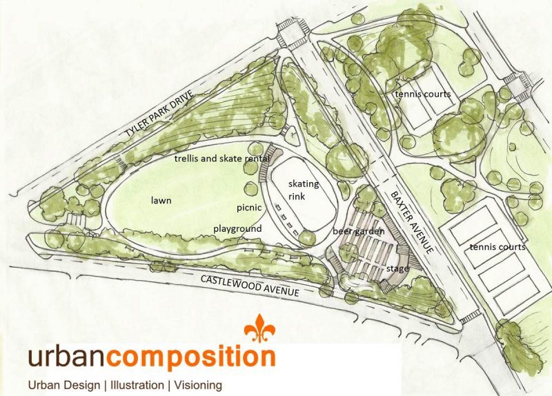 Site plan for a proposed beer garden and skating rink in Tyler Park. (Courtesy Urban Composition)