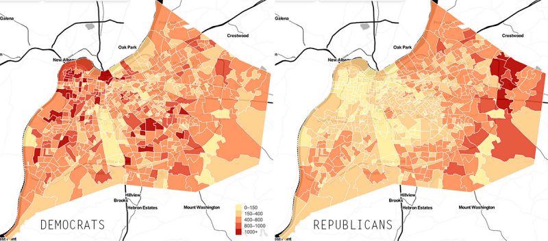 Maps showing total registered Democrats and Republicans in Louisville. (Courtesy Civic Data Alliance)