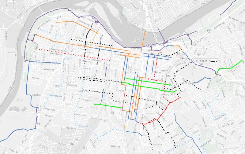 Louisville's bike map showing bike lanes, bike paths, and the under-development Neighborways program. (Courtesy Bike Louisville)