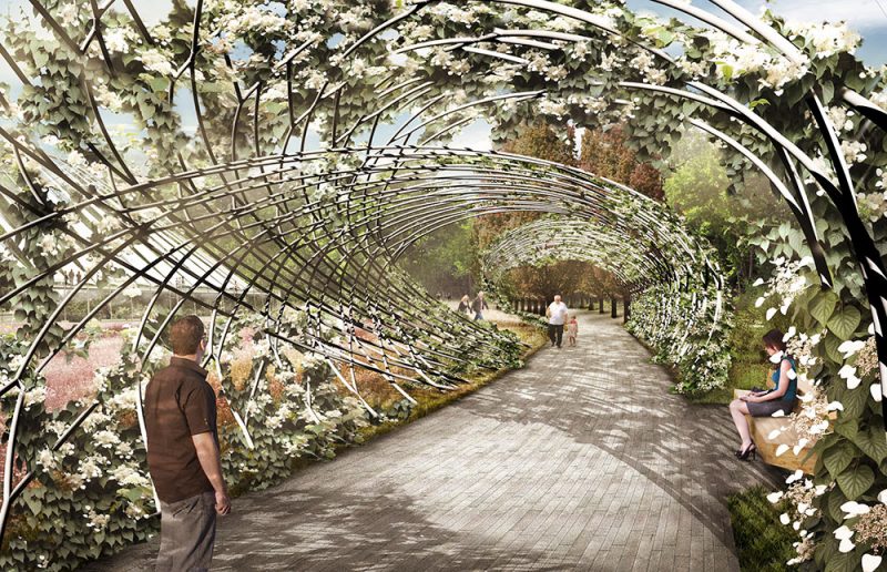 A planted trellis is proposed along the central spine of the Waterfront Botanical Gardens. (Courtesy Perkins + Will)