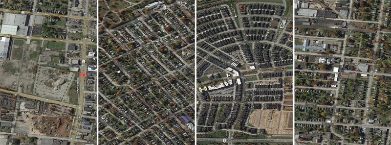 Left to right: Walmart site at 18th & Broadway; the Deer Park neighborhood; Norton Commons; Dumesnil Street at 28th Street. (Courtesy Google)