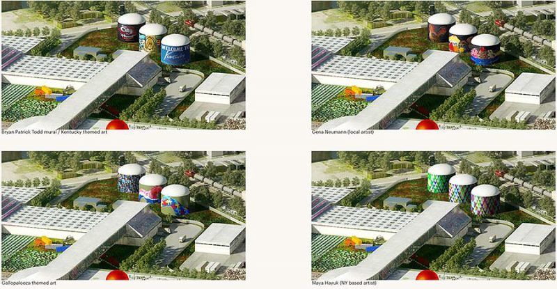 The biodigesters could be wrapped with colorful artwork. (Courtesy OMA / GBBN / Seed Capital Kentucky)