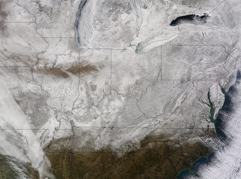 NASA's Terra satellite captured this picture of snow across the eastern United States on Feb. 19 at 11:20 a.m. EST. (Courtesy NASA Goddard MODIS Rapid Response Team)