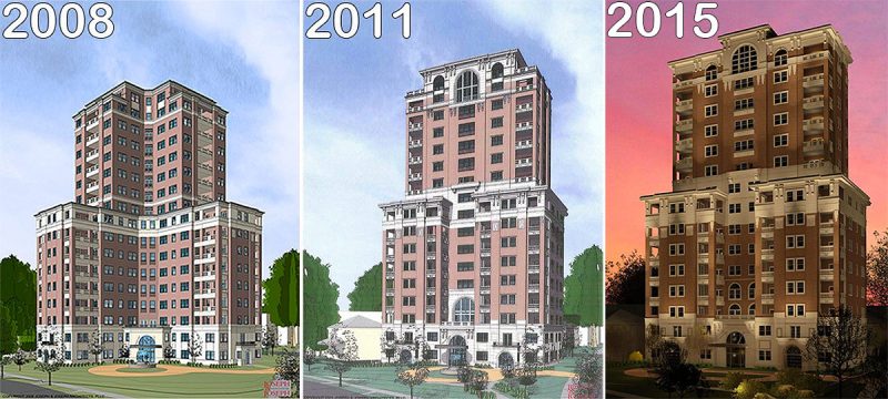The evolution of the Willow Grande tower. (Courtesy Jefferson Development Group)