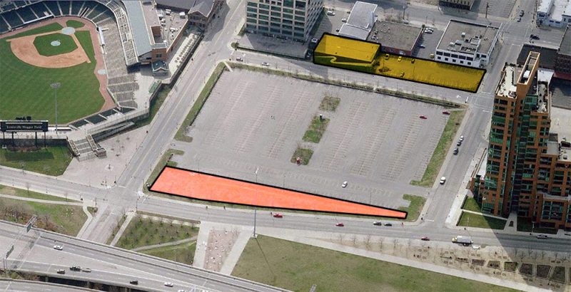 The Waterfront Development Corporation's parcel shown in red, and another WDC-owned site in yellow. (Courtesy Bing)