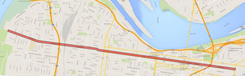 The idea for a Market Street Streetcar Line runs roughly six miles along the Louisville thoroughfare. (Map courtesy Google)