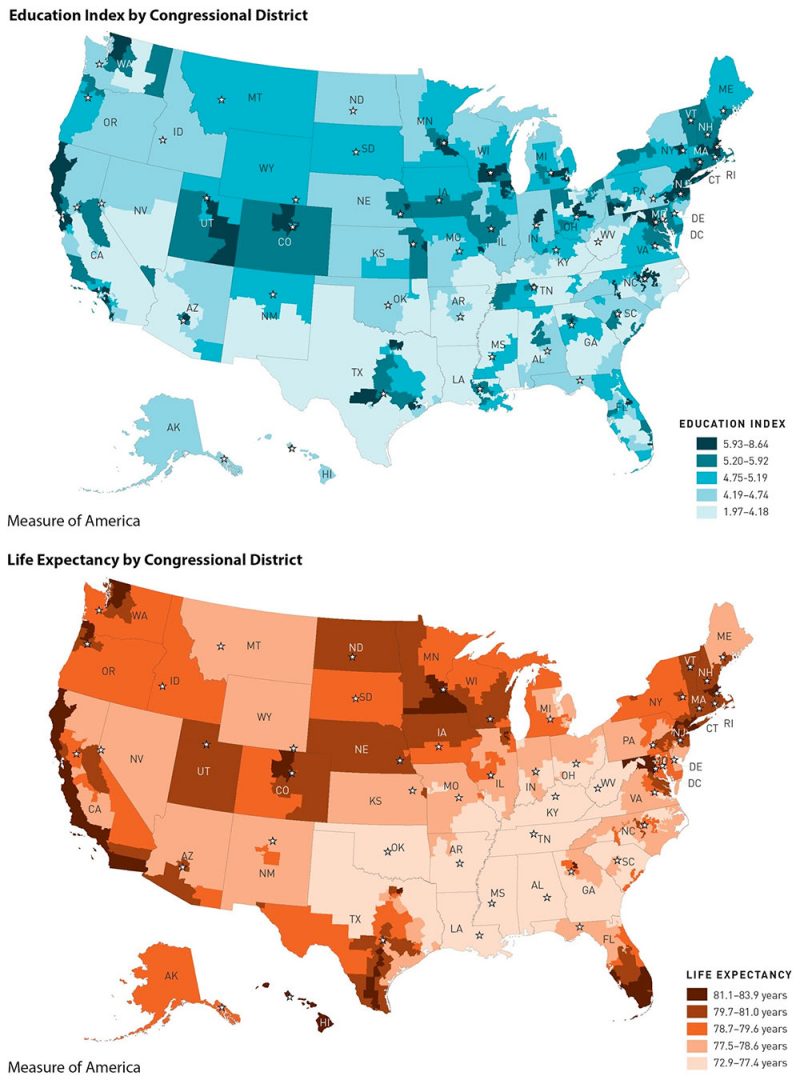 Maps showing education index (top) and life expectancy (above). Click to enlarge. (Courtesy Measure of America)