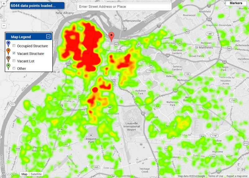 A heatmap view showing high concentrations of vacant properties in western Louisville. (Courtesy Metro Louisville)