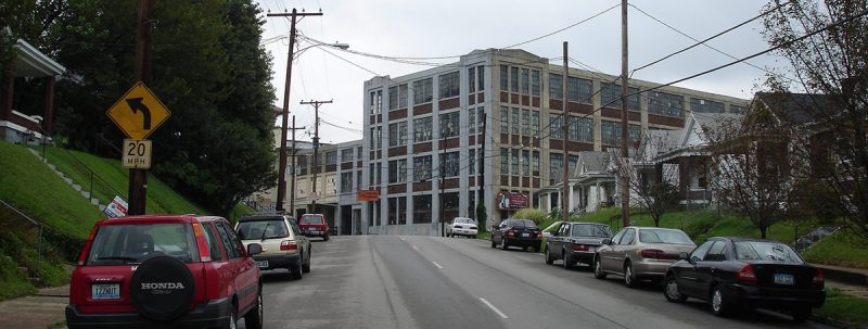 The concrete addition to the Bradford Mill complex viewed from Oak Street. (Courtesy Wikipedia)
