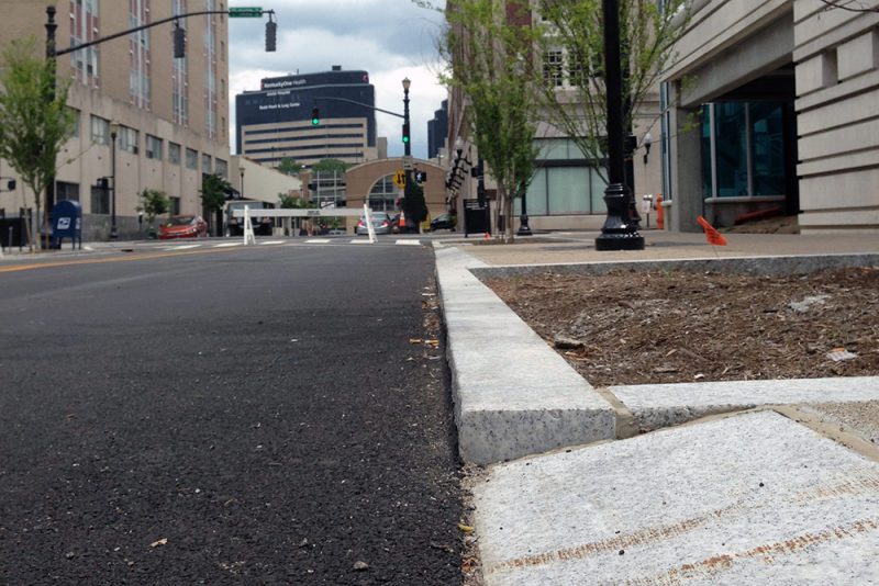 Special curbs were installed to make it easy for food trucks to pull up. (Elijah McKenzie / Broken Sidewalk)
