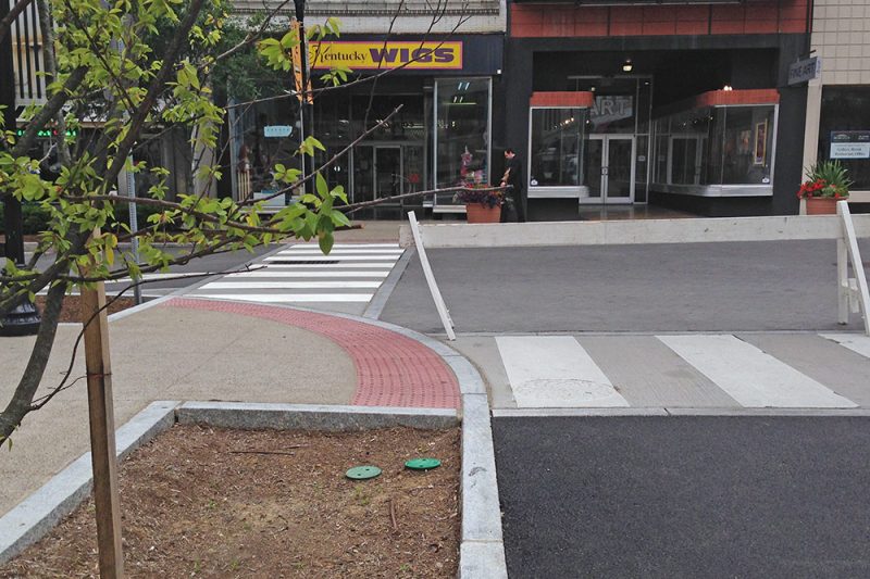 Fourth and Guthrie is now home to the city's first raised intersection. (Elijah McKenzie / Broken Sidewalk)