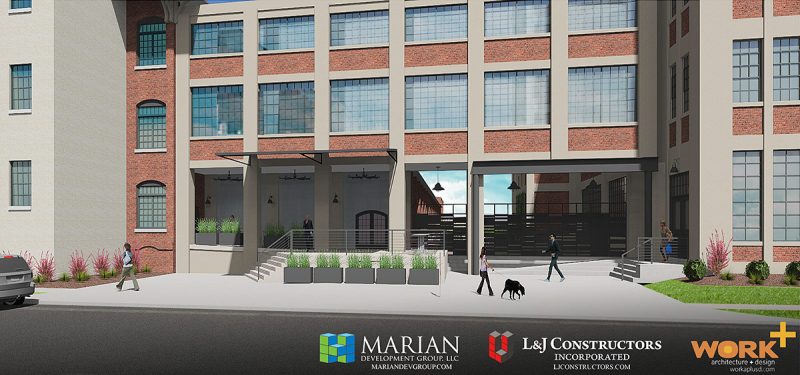 Rendering of the building entrance showing a potential retail spot on the left. (Courtesy Marian Development Group)