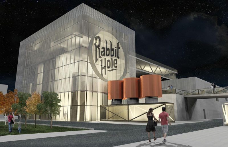View of the Rabbit Hole distillery from the alley at night. (Courtesy (fer) Studio)