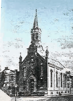 An engraving of the church in 1868 showing a building next door that pre-dates the Cloisters. (Courtesy Sr. Amelia Dues/Motherhouse of Ursuline Order Community; Via IUPUI)