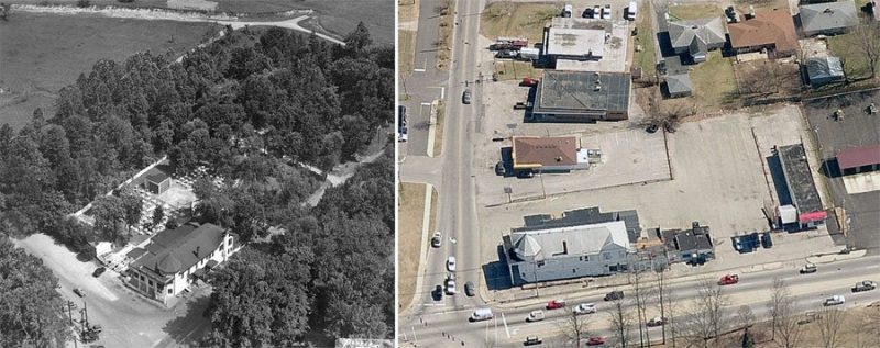 Colonial Gardens in the 1940s (left, courtesy UL Photographic Archives) and the same site today (right, courtesy Bing Maps).