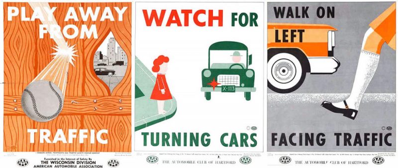A street-safety campaign from AAA in the 1950s urged children to look out for motorists, not the other way around. (Via Collectors Weekly)