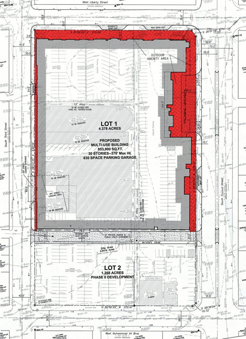 Planned setbacks indicated in red. (Courtesy Omni, colorized by Broken Sidewalk)