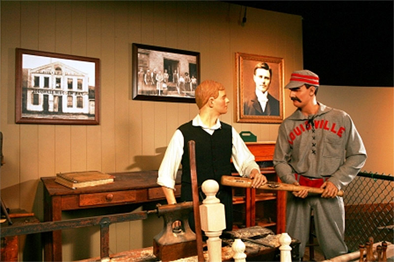 An exhibit in the Slugger Museum shows Bud Hillerich and Pete Browning working on the Louisville Slugger bat. (Courtesy Slugger Museum)