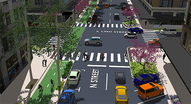 Protected car lanes will open soon on N Street in Lincoln, Nebraska. (Courtesy PeopleForBikes)