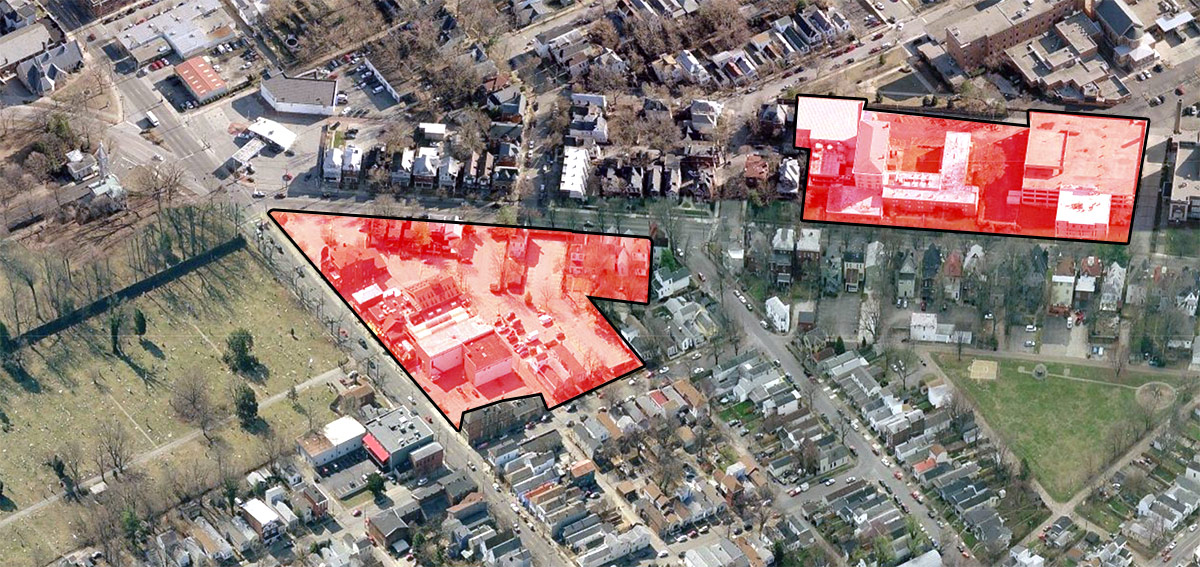 Approximate boundaries of the Phoenix Hill Tavern site, left, and the Mercy Academy site, right. (Courtesy Bing / Montage by Broken Sidewalk)