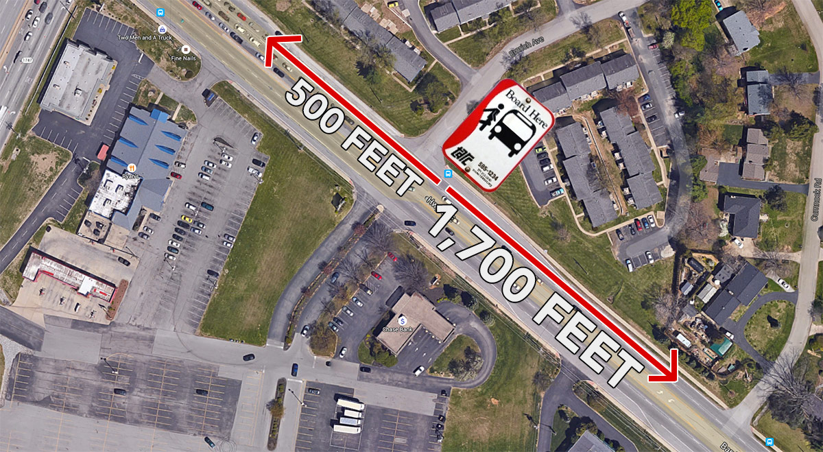 Distance to crosswalks from the Emrich Avenue bus stop. (Courtesy Google; Montage by Broken Sidewalk)