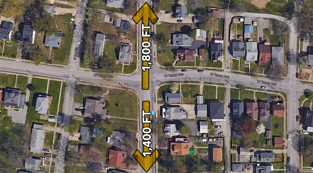 Distances to the nearest crosswalk. (Courtesy Google / Montage by Broken Sidewalk)