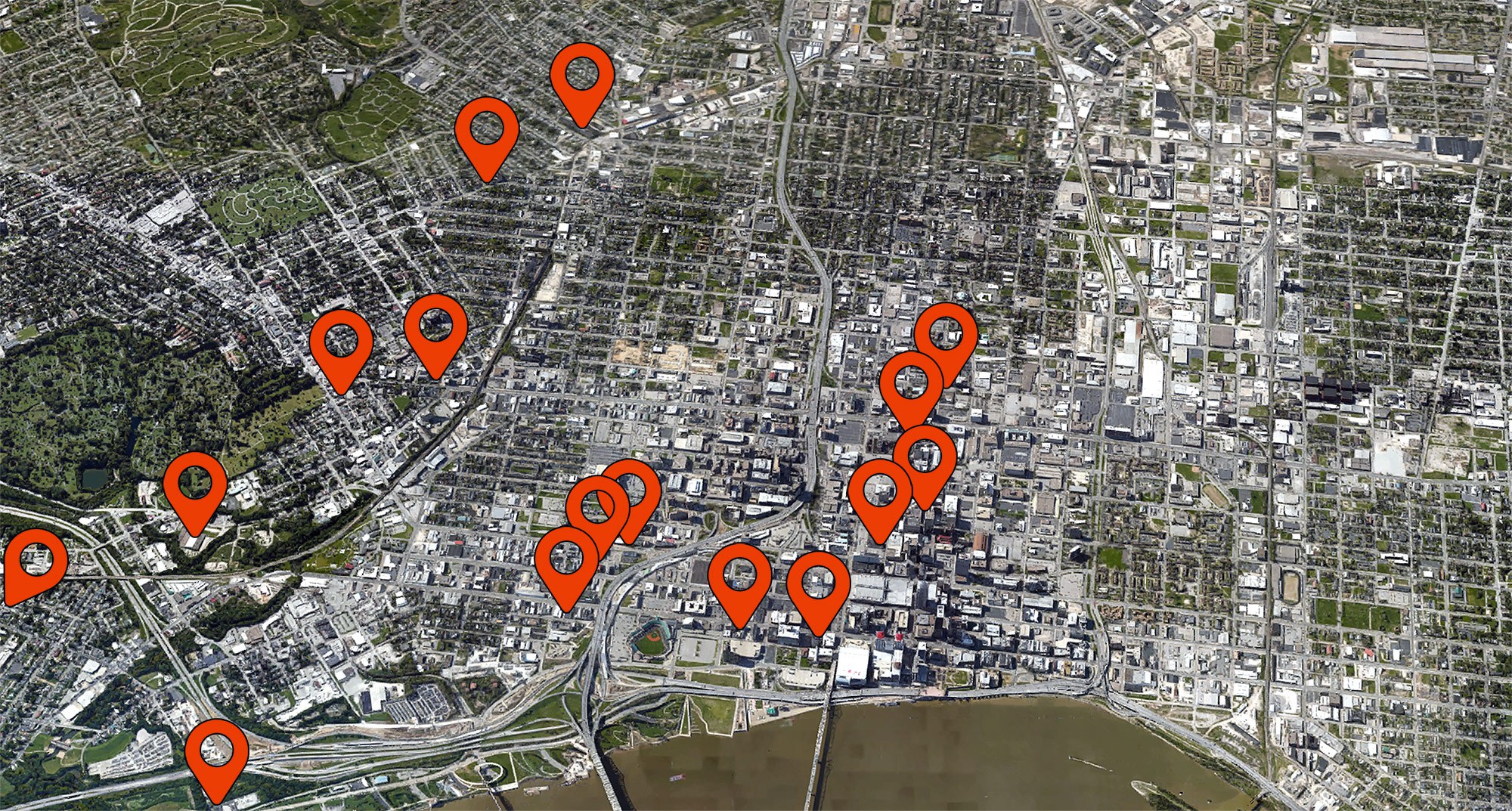 Map showing the 16 largest multi-family projects currently underway in Louisville. (Montage by Broken Sidewalk)