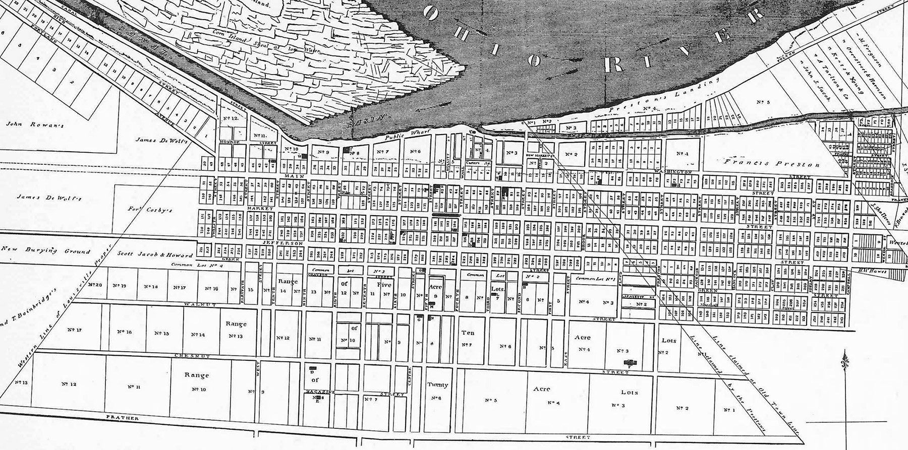 An 1832 map of Louisville showing the east-west alignment of streets and Broadway at the south end.
