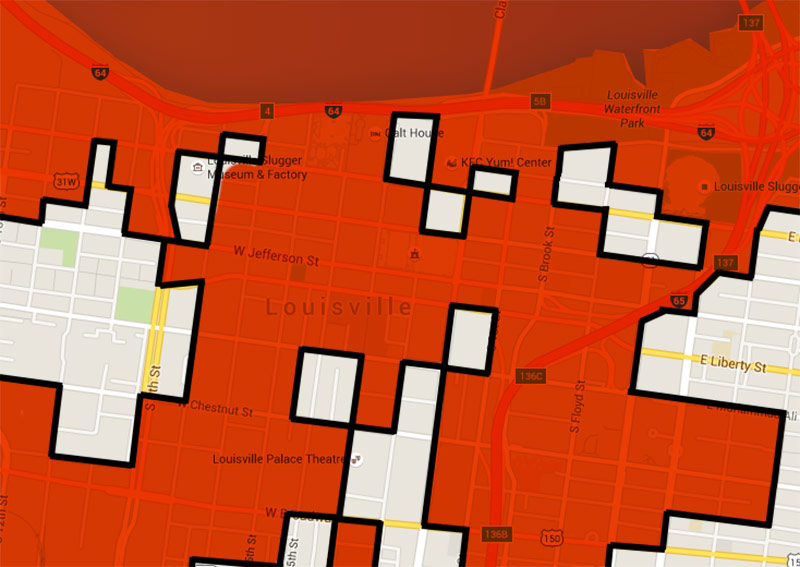 The Downtown Louisville Home-Free Zone marked in red. (Montage by Broken Sidewalk)