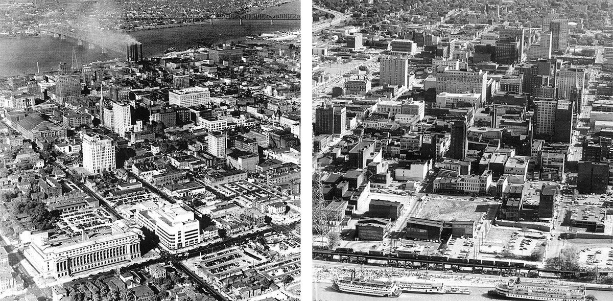 A view of Louisville circa 1950 showing Broadway (left) and a view of the waterfront area circa 1968 (right).