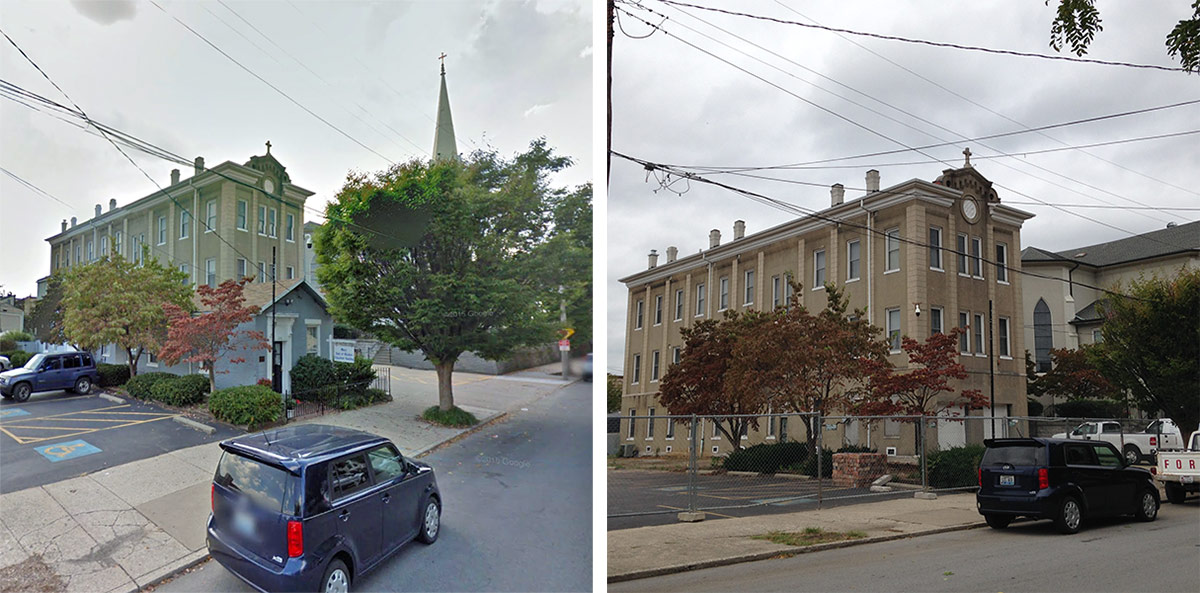 Phoenix Hill shotgun house demolition, before and after. (Courtesy Google; Branden Klayko / Broken Sidewalk)
