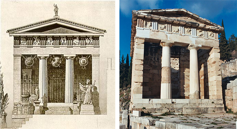 The Treasury of Athena, drawing and photo. (Courtesy Museum of Athena; Wikimedia Commons)
