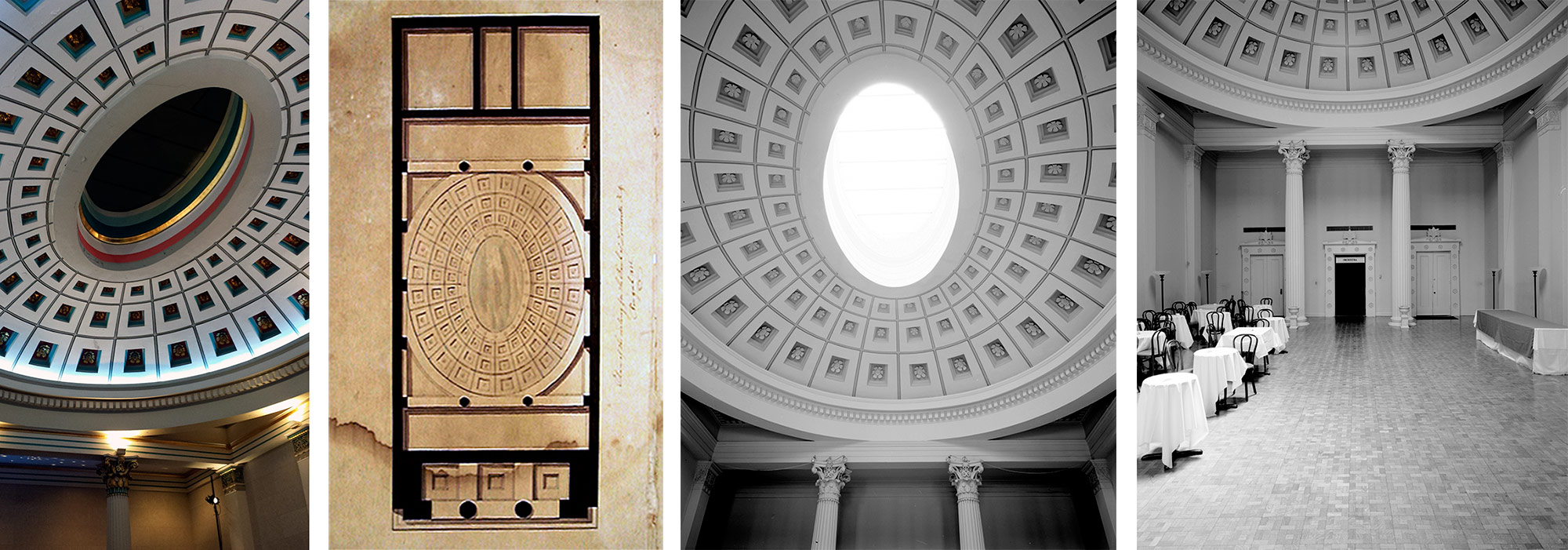 Interior views and ceiling plan. (Courtesy Tipster; New Orleans Public Library; Library of Congress)