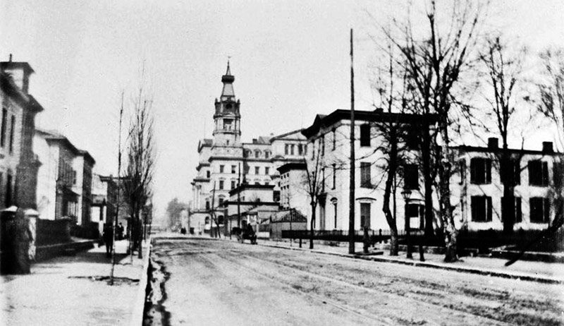 Fourth Street 1898 was lined with houses, not stores. Here, the old St. Joseph Hospital is on the right looking toward Chestnut Street (Courtesy UL Archives)