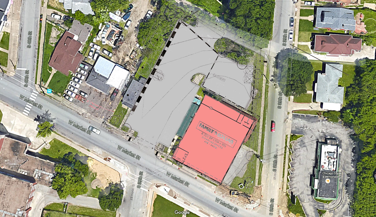 The Family Dollar store and parking lot overlaid on an aerial view of the site. (Courtesy Google; Metro Louisville; Montage by Broken Sidewalk)
