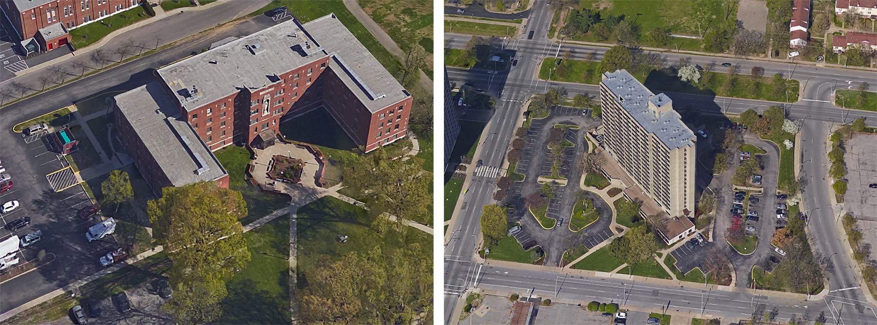 Lourdes Hall, left, and Avenue Plaza, right, are both slated for expensive parking lot repaving projects. (Courtesy Google)
