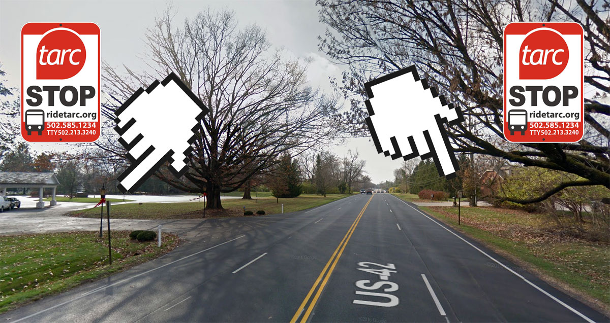 Two TARC stop son Brownsboro Road highlight the pedestrian dangers along the street. (Montage by Broken Sidewalk)