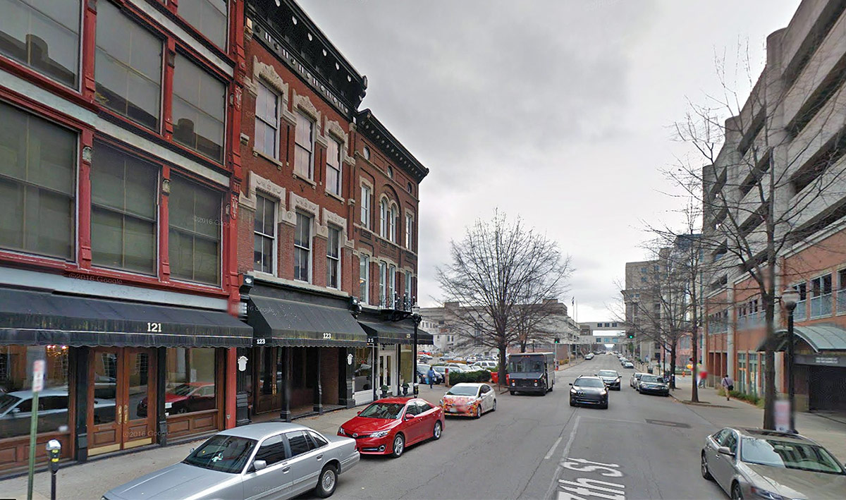 The hotel will fill a gap in the Seventh Street streetwall on the left. (Courtesy Google)