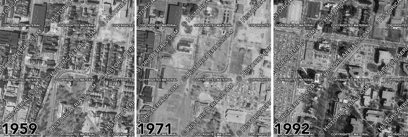 Aerial photos from 1959, 1971, and 1992 showing the gradual evolution of the area. (Courtesy NETR Historic Aerials)