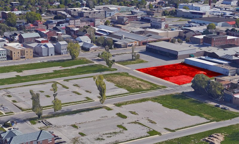Aerial view of the vacant Liberty Green blocks with the ReSurfaced site indicated in red. (Courtesy Google)