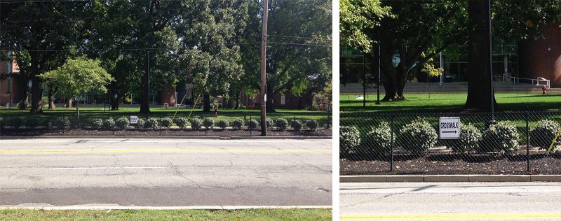The University of Louisville's approach to street safety is to install a fence. (Branden Klayko / Broken Sidewalk)