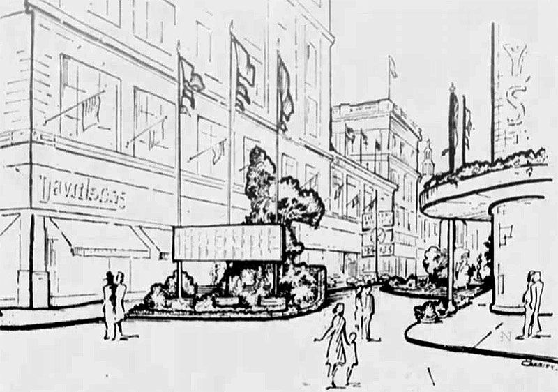 A drawing of the temporary pedestrian plaza put in place on Guthrie Street for two weeks in 1960.