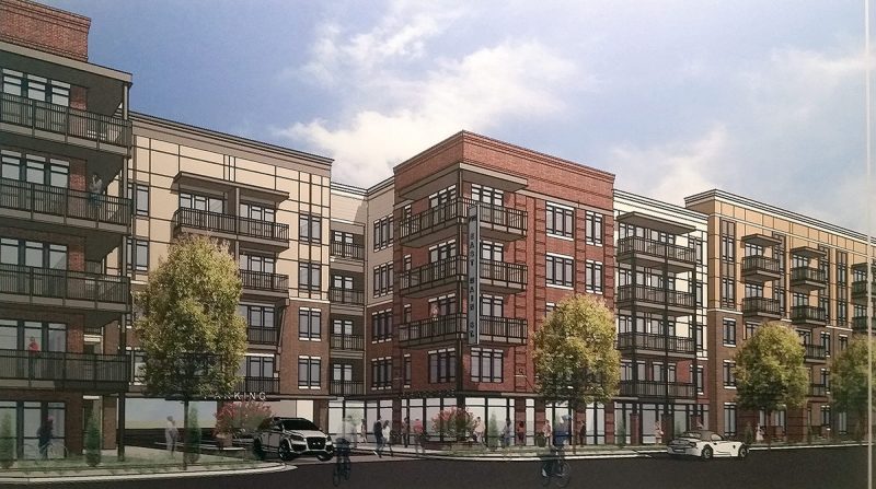 Rendering of the 700 East Main proposal presented Tuesday evening. (Flournoy Companies / Photo by Jacob Ryan, WFPL)