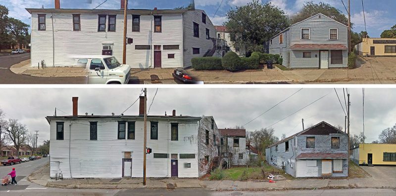 The Kentucky Street side of the property in better days just a decade ago (top) and how it appears today (above). (Google Street View)