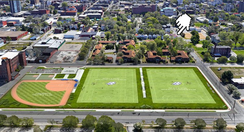 A mockup of Spalding's new playing fields in relation to the corner buildings. (Image courtesy Google; Rendering courtesy Spalding; Montage by Broken Sidewalk)
